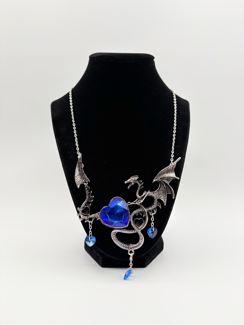 Gothic Dragon Necklace Blue Heart Crystal Statement Pendant Fantasy Y2K